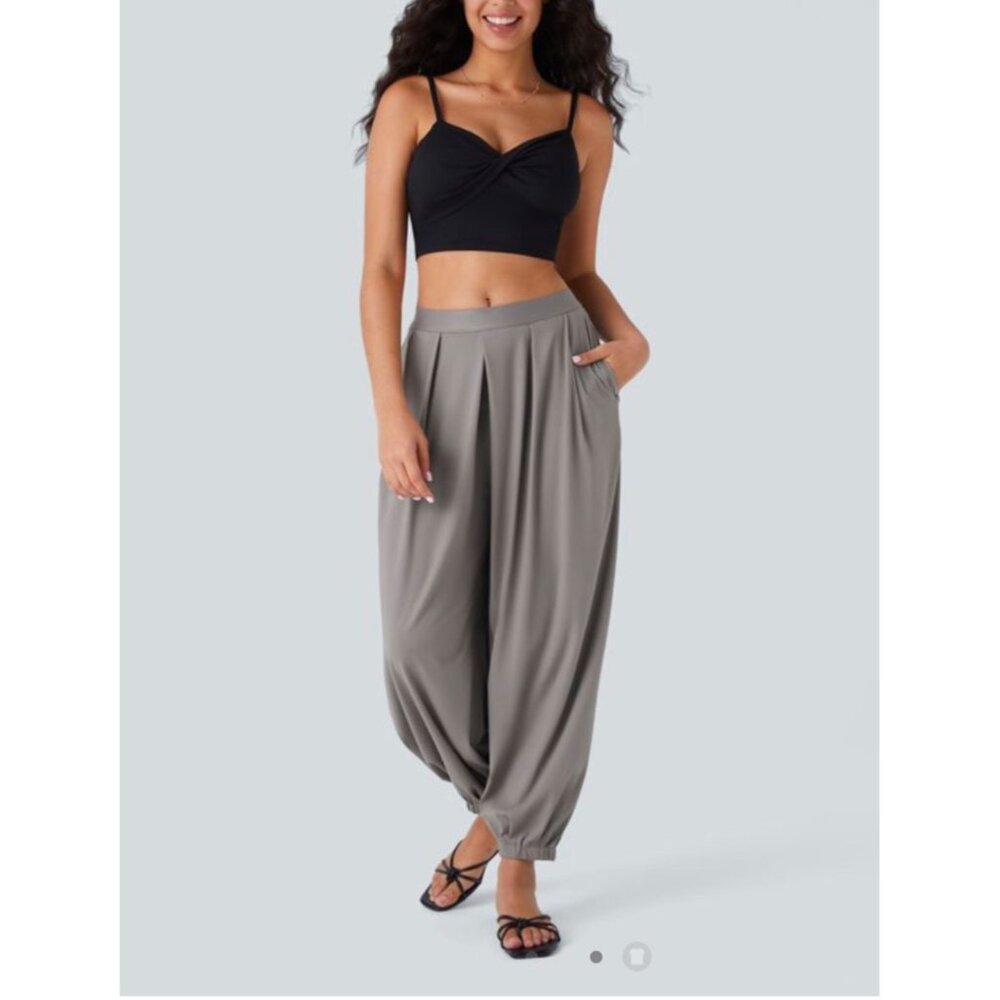 Halara Mid Rise Side Pocket Relax Resort Joggers Sz Large Womens Grey Pleated Fr